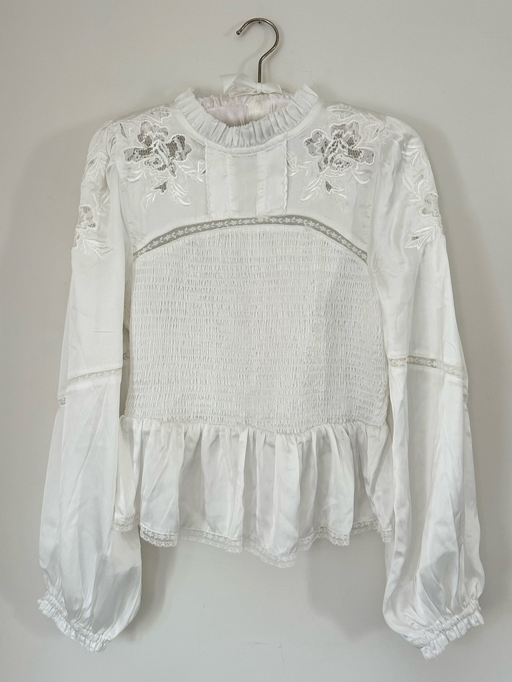 Anthropologie - White Satin Embroidered Smocked Peasant Blouse